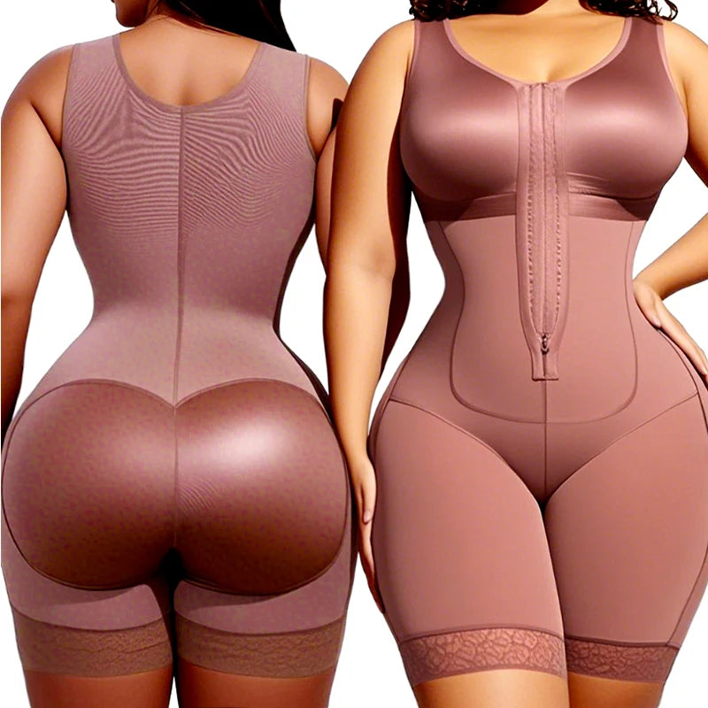 Open-Bust Mid-Thigh Bodysuit with Front Hook Closure and Sheer Mesh Leg Panels