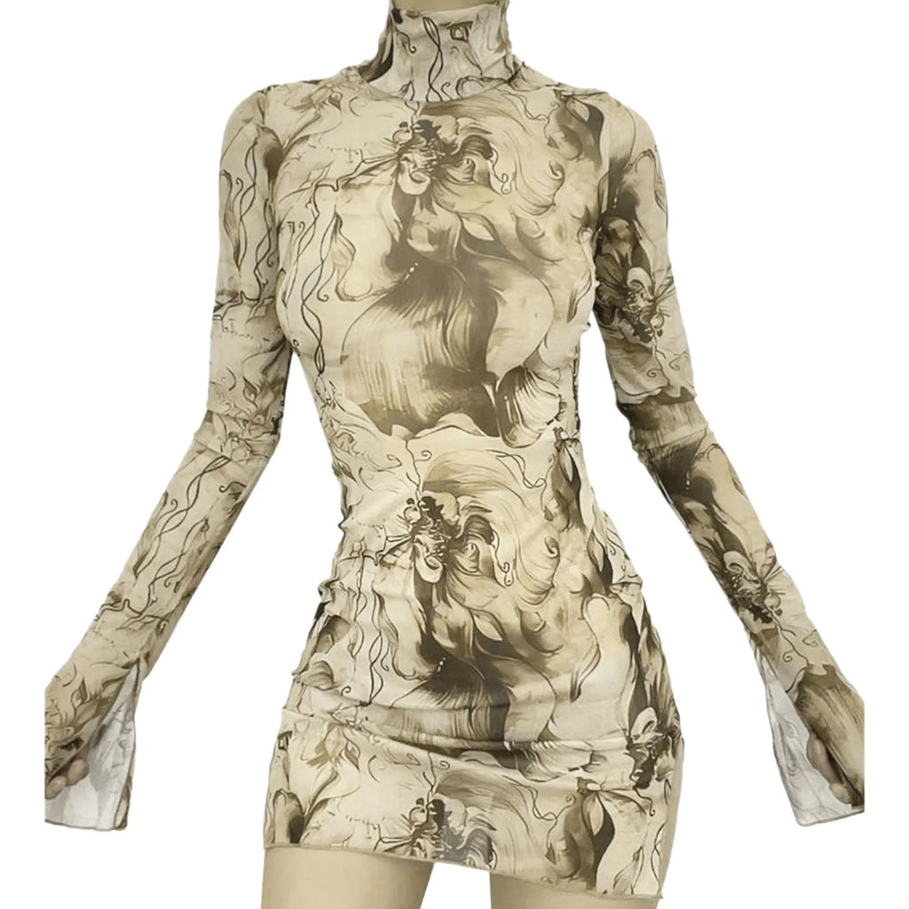 Abstract Mesh Bodycon Mini Dress with Bell Sleeves and Sheer Streetwear Styling