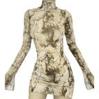 Abstract Mesh Bodycon Mini Dress with Bell Sleeves and Sheer Streetwear Styling