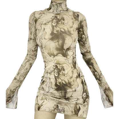 Abstract Mesh Bodycon Mini Dress with Bell Sleeves and Sheer Streetwear Styling