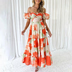 Floral Print Maxi Dress with Puff Sleeves and Waist Cutout Detail