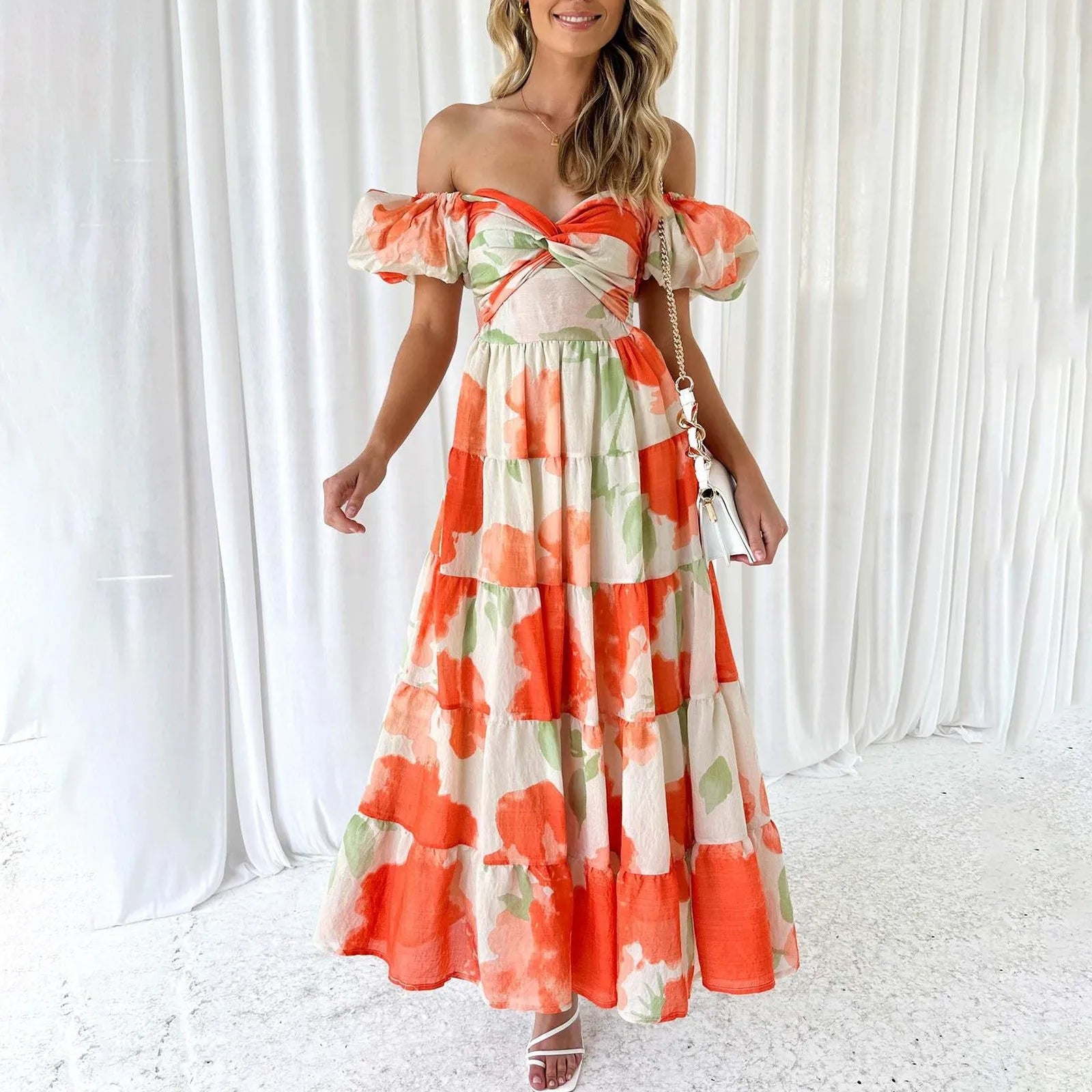 Floral Print Maxi Dress with Puff Sleeves and Waist Cutout Detail