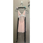Pastel Pink Pleated Mesh Babydoll Nightdress with Contrasting Black Ribbon Ties