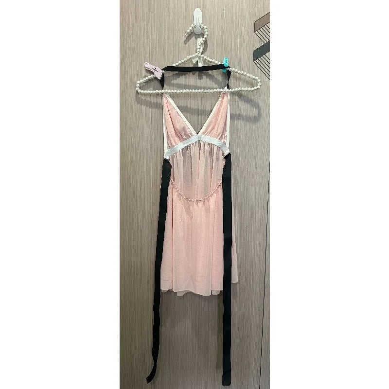 Pastel Pink Pleated Mesh Babydoll Nightdress with Contrasting Black Ribbon Ties