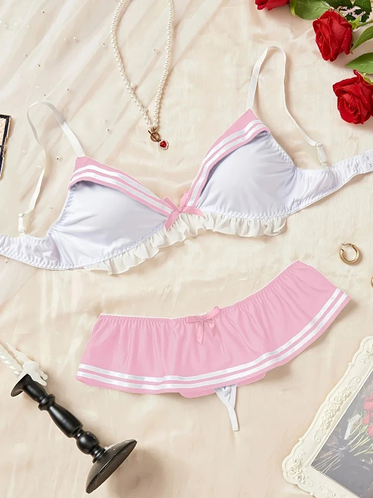 Playful Red Tartan Plaid Bralette and Pleated Mini Skirt Set