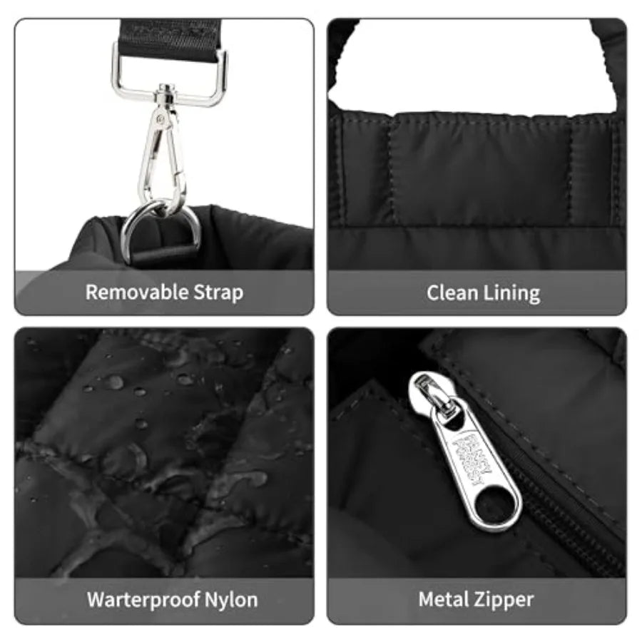 Small Quilted Nylon Puffer Crossbody Tote Bag with Adjustable Strap