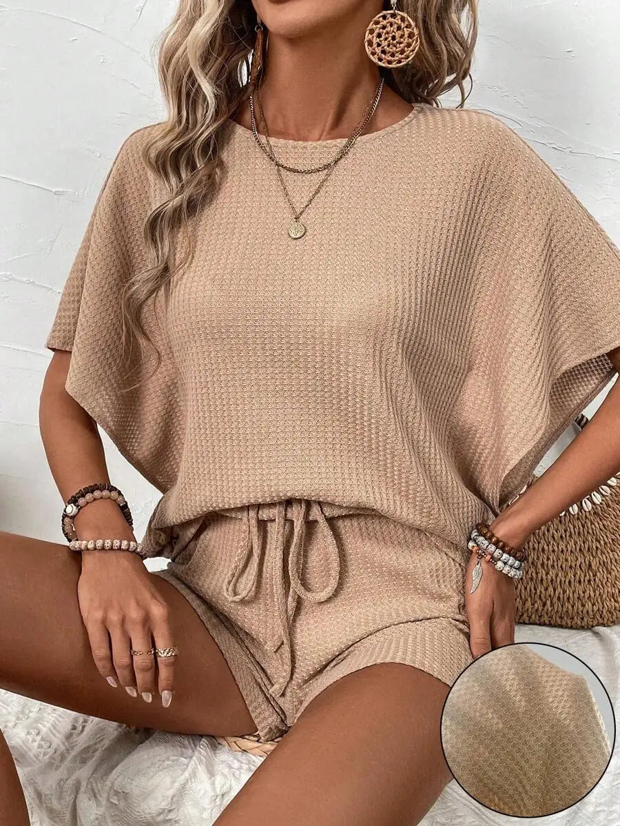 Women's Batwing Sleeve Top and Drawstring Shorts Co-Ord Set Relaxed Casual Outfit