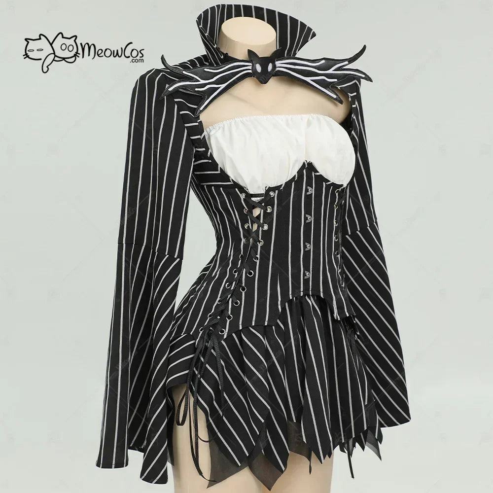 Women's Striped Corset Style Top and Layered Skirt Costume Set with Gloves