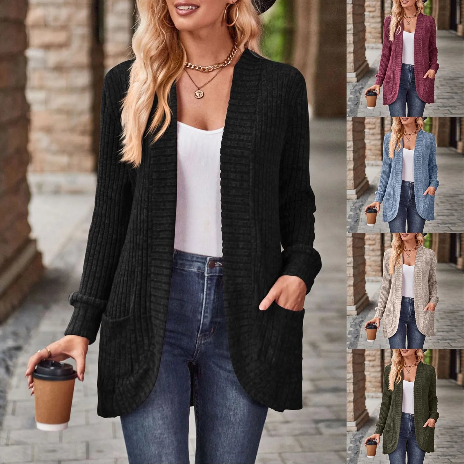 Women's Open Front Crochet Knit Cardigan with Relaxed Long Sleeve Silhouette