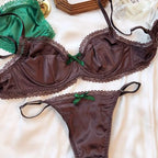 Sleek Black Satin-Finish Underwire Bra Set with Pink Ribbon Accents