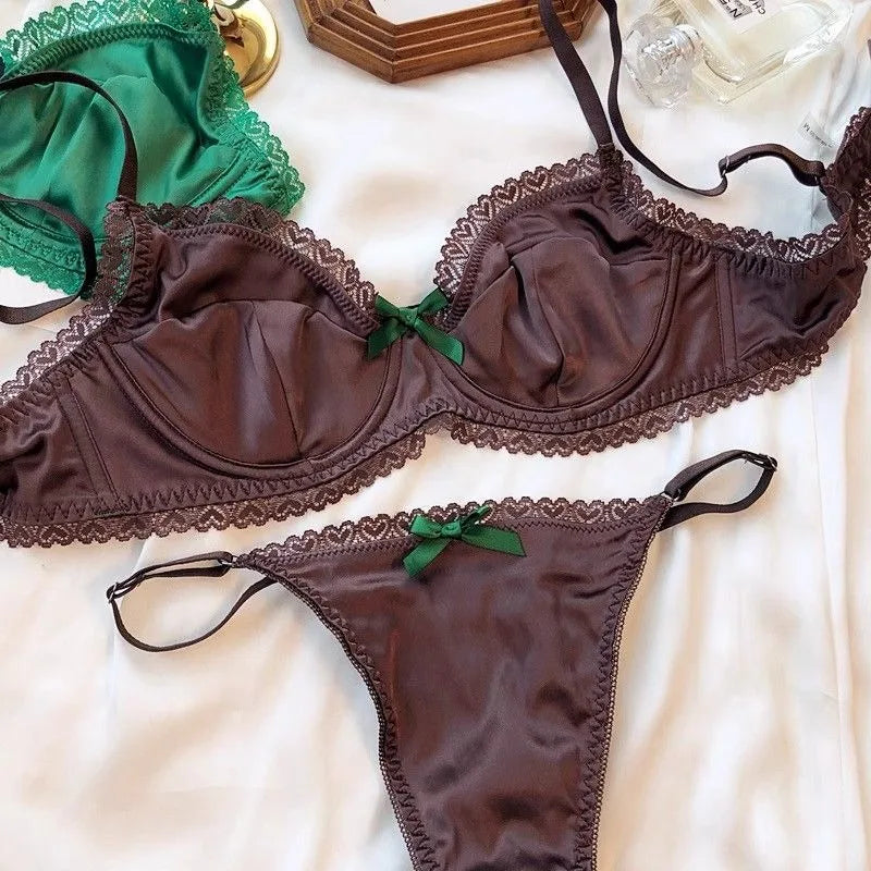 Sleek Black Satin-Finish Underwire Bra Set with Pink Ribbon Accents