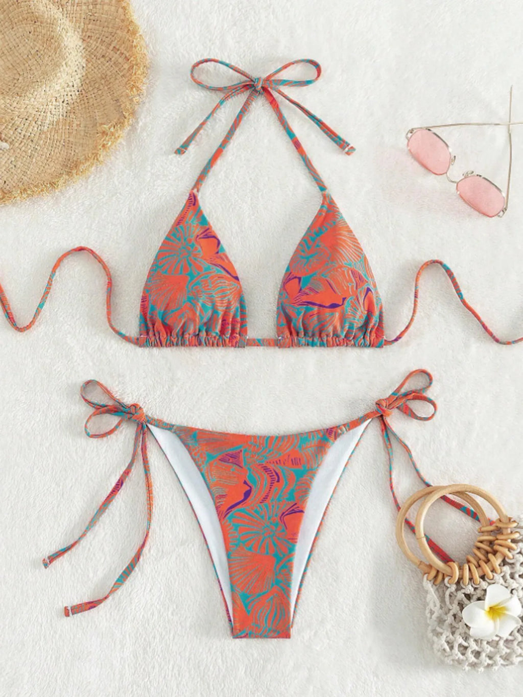 Vibrant Blue Tropical Print Triangle String Bikini