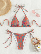 Vibrant Blue Tropical Print Triangle String Bikini