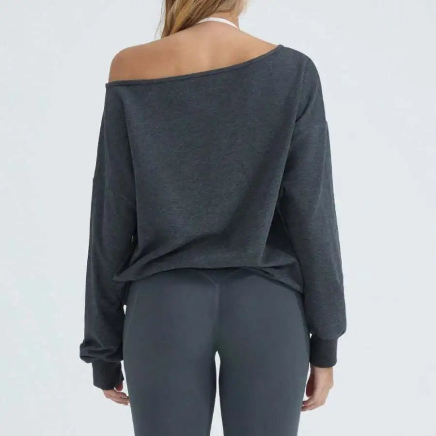 Off-Shoulder Relaxed Fit Knit Pullover Sweater with Long Sleeves and Side Pocket