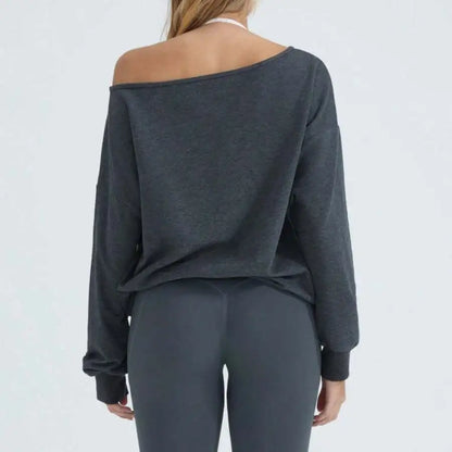 Off-Shoulder Relaxed Fit Knit Pullover Sweater with Long Sleeves and Side Pocket