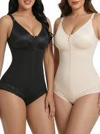 Elegant Zip-Front V-Neck Bodysuit with Lace Hip Detailing