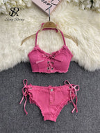Y2K-Inspired Frayed Denim Halter Bikini Top and Lace-Up Short Set