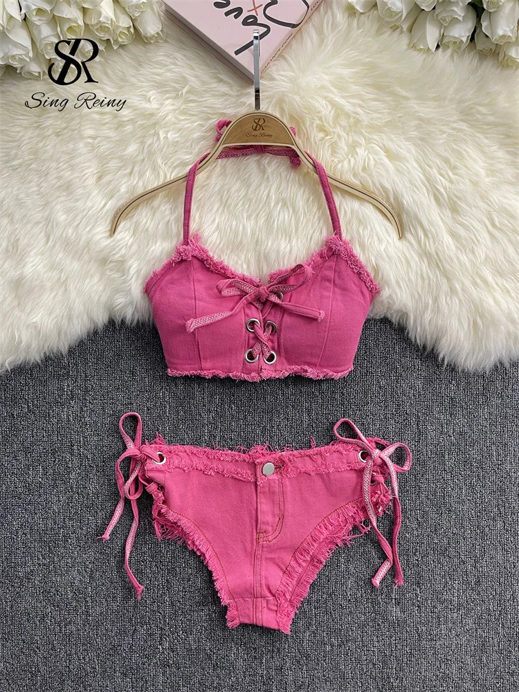 Y2K-Inspired Frayed Denim Halter Bikini Top and Lace-Up Short Set