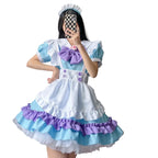 Pastel Tri-Color Lolita Maid Dress with Tiered Ruffles and Purple Bow Accent