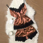 Contrasting Black Lace and Peach Satin-Finish Two-Piece Cami and Shorts Sleep Set