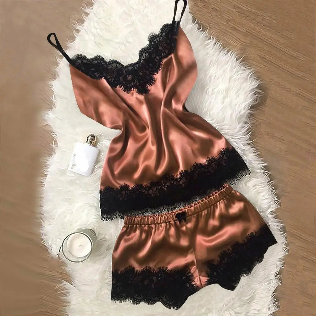 Contrasting Black Lace and Peach Satin-Finish Two-Piece Cami and Shorts Sleep Set