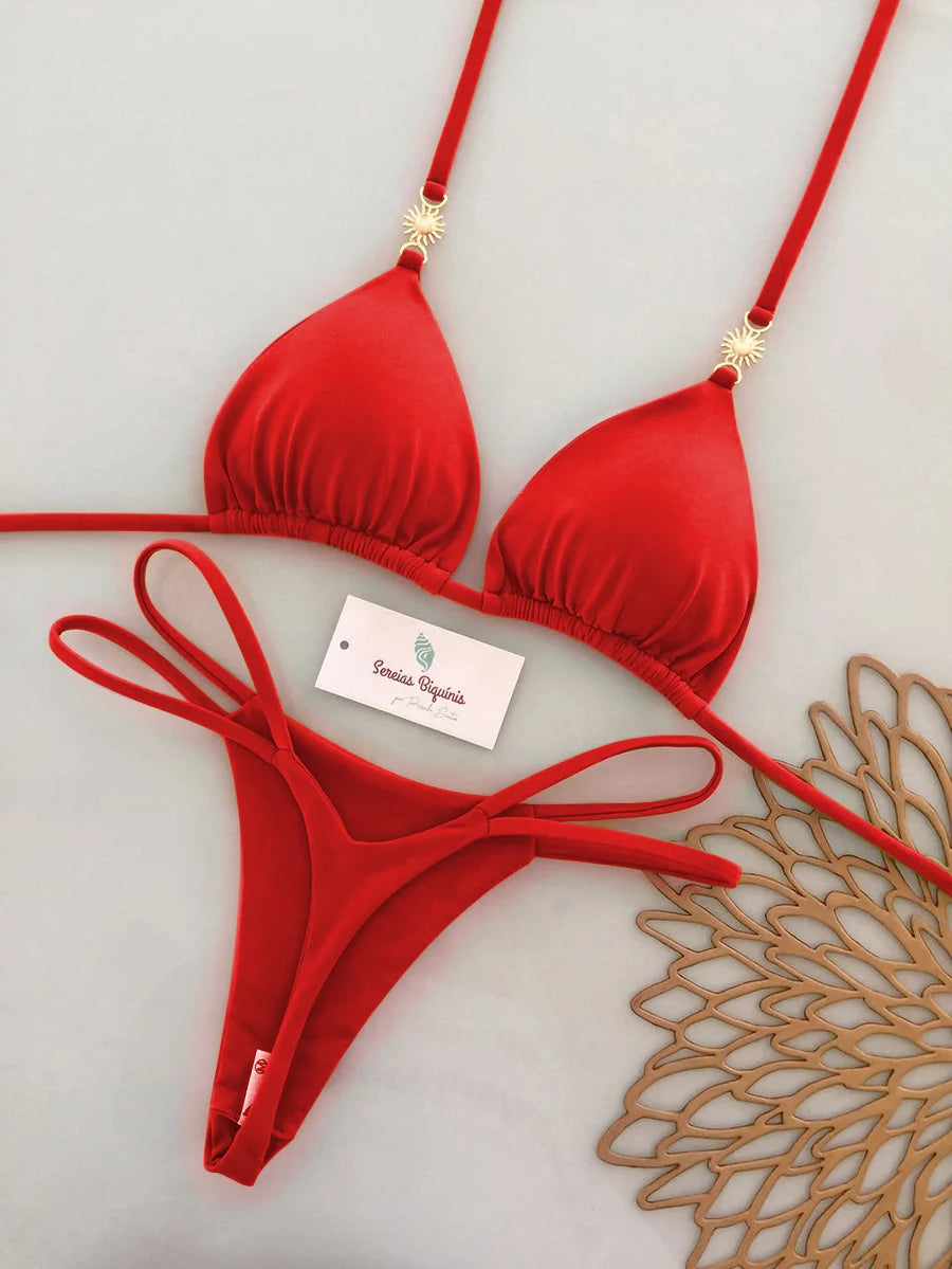 Rich Burgundy Triangle Bikini Set with Double-Strap Tie Details and Gold Accents