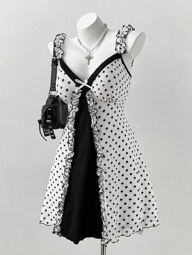 Vintage Polka Dot Gothic Mini Dress with Dark Coquette Aesthetic