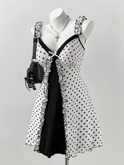 Vintage Polka Dot Gothic Mini Dress with Dark Coquette Aesthetic