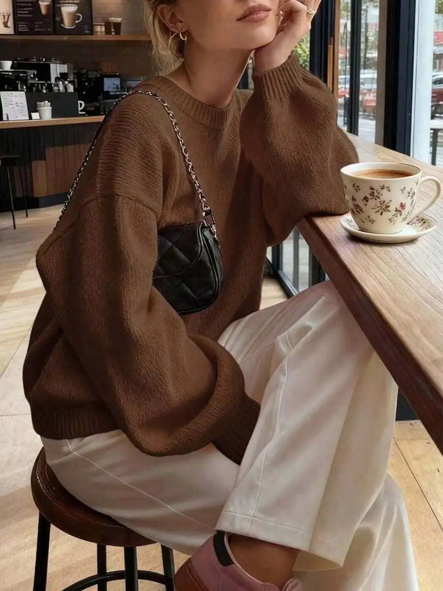 Women's Minimalist Crew Neck Knit Sweater with Relaxed Long Sleeve Silhouette