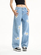 Women's Mid-Rise Loose Straight Leg Floral Embroidered Wide-Leg Denim Jeans for Casual Streetwear