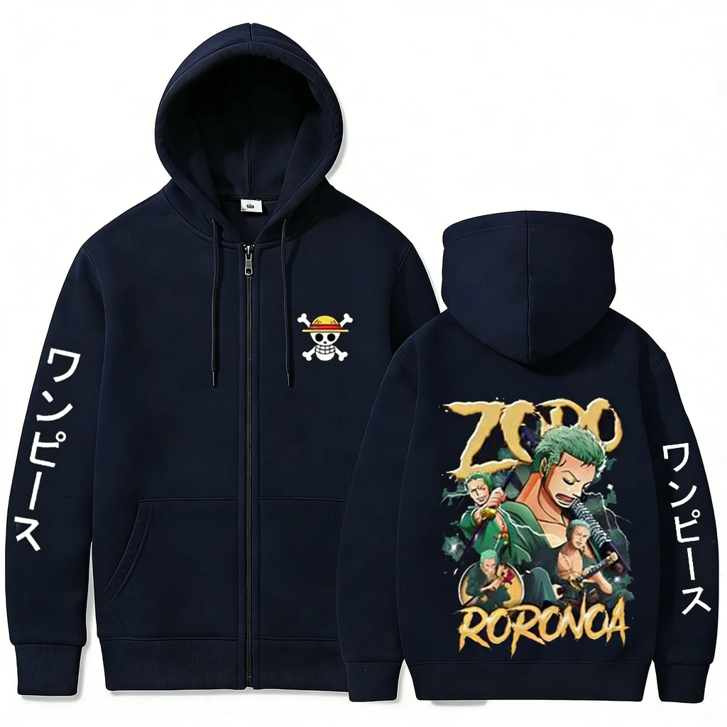Swordsman Streetwear Zip Hoodie with Manga Graphic Back Design