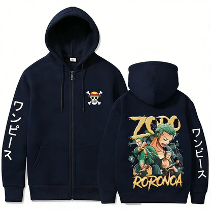Swordsman Streetwear Zip Hoodie with Manga Graphic Back Design