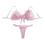 Romantic Soft Pink Sheer Mesh Lingerie Set with Fluffy Marabou Trim