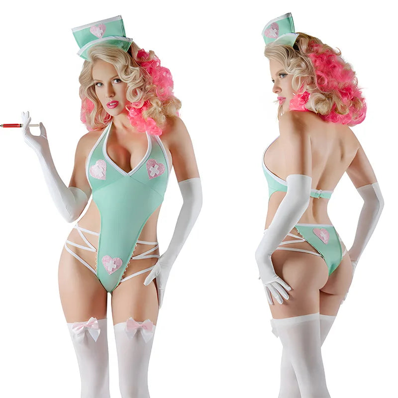 Pastel Mint Halter Bodysuit with Strappy Hip Accents and Thematic Nurse Accessories