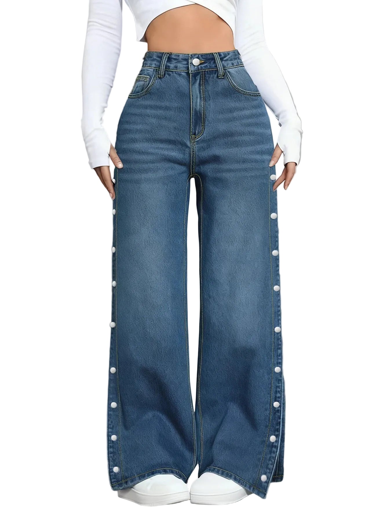 Women's Mid Rise Straight Leg Stretch Denim Jeans with Side Button Detail and Relaxed Fit