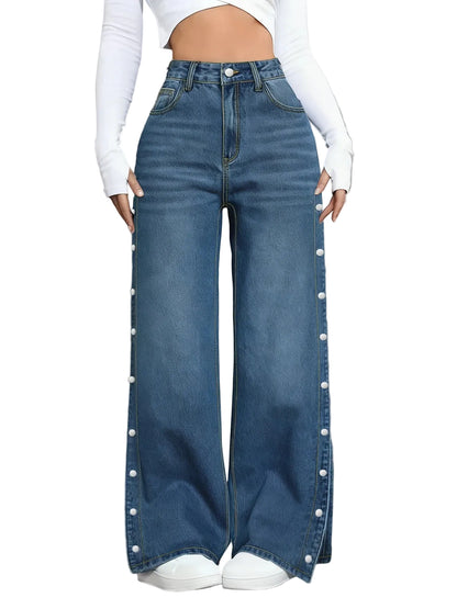 Women's Mid Rise Straight Leg Stretch Denim Jeans with Side Button Detail and Relaxed Fit
