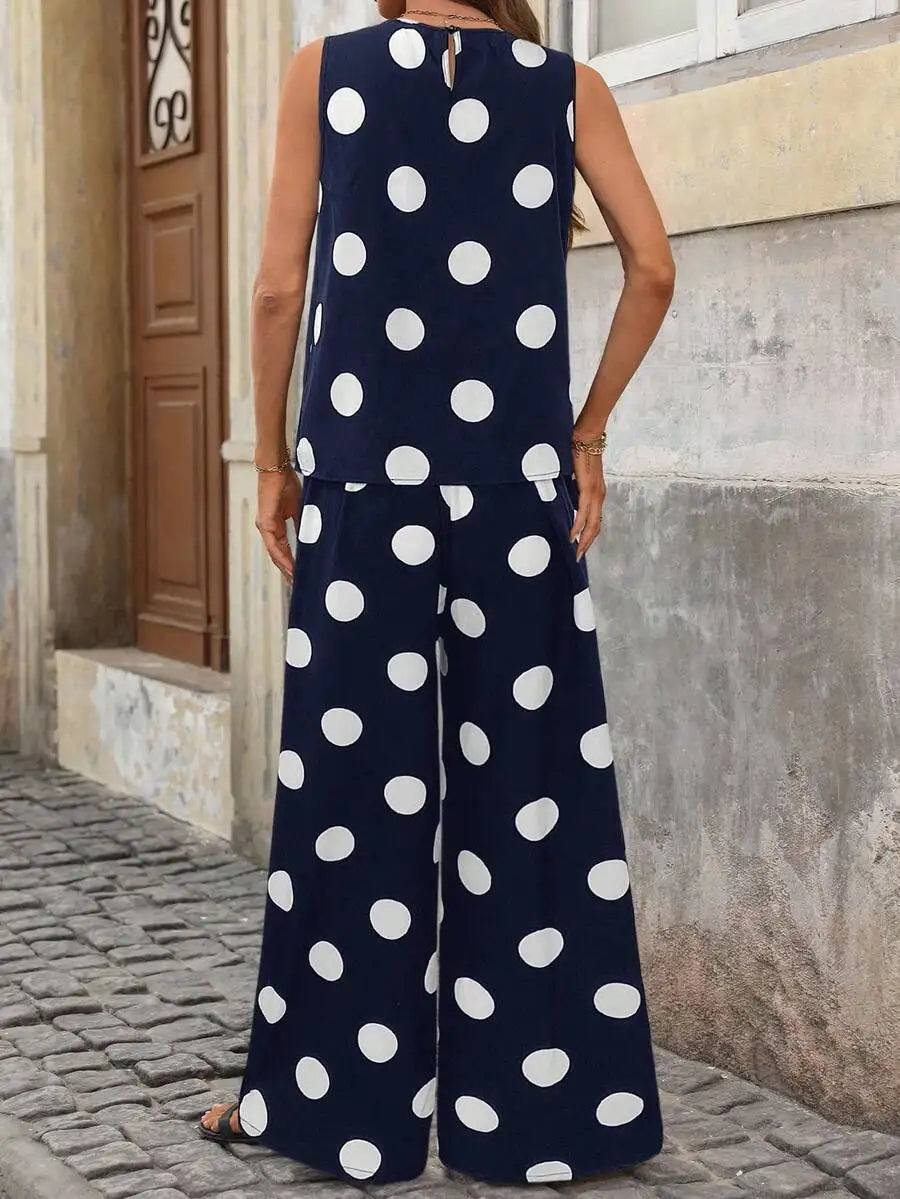 Women's Polka Dot Sleeveless Top and Wide Leg Pants Co-Ord Set