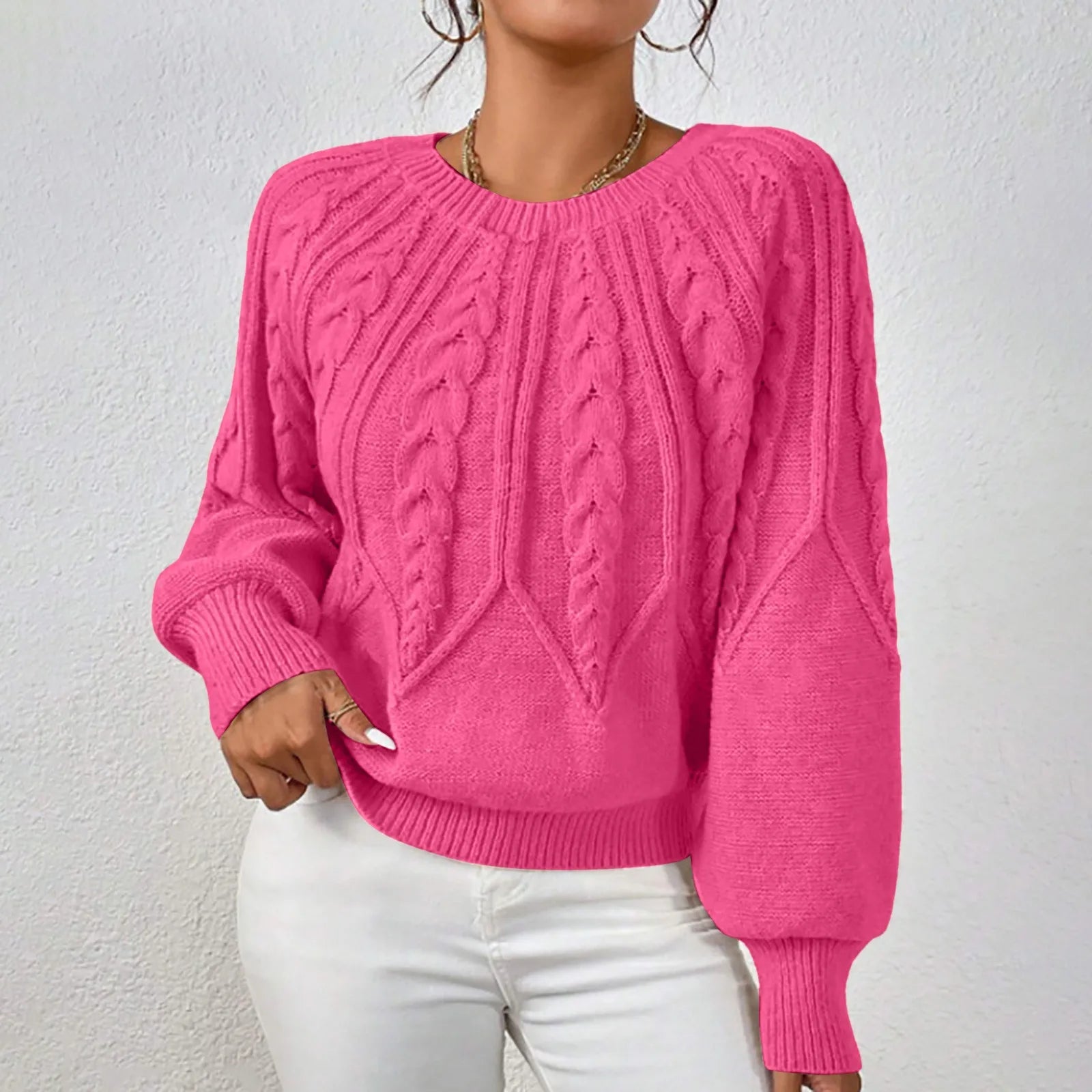 Women's Textured Cable Knit Crew Neck Relaxed Fit Sweater Pullover