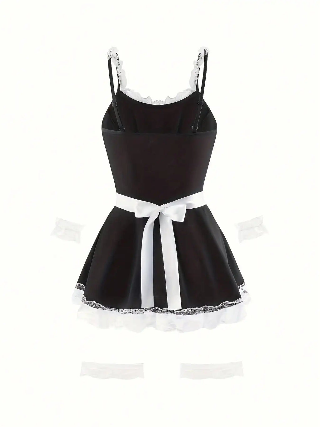 Women's Lace Trim Maid-Inspired Mini Dress Set with Apron and Hair Accessory