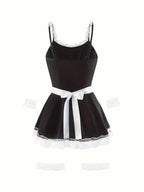 Women's Lace Trim Maid-Inspired Mini Dress Set with Apron and Hair Accessory