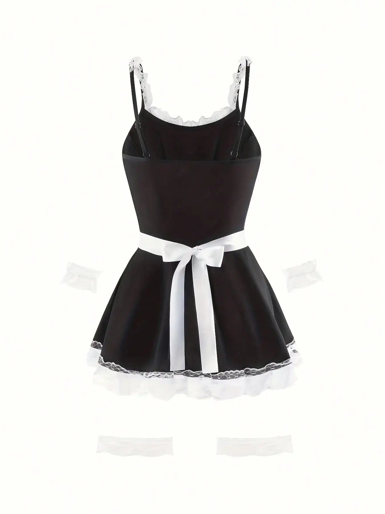 Women's Lace Trim Maid-Inspired Mini Dress Set with Apron and Hair Accessory