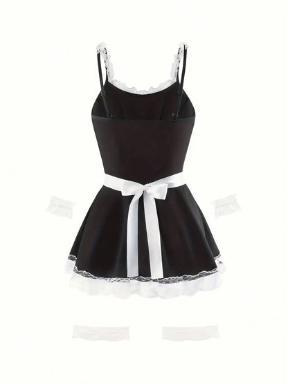 Women's Lace Trim Maid-Inspired Mini Dress Set with Apron and Hair Accessory