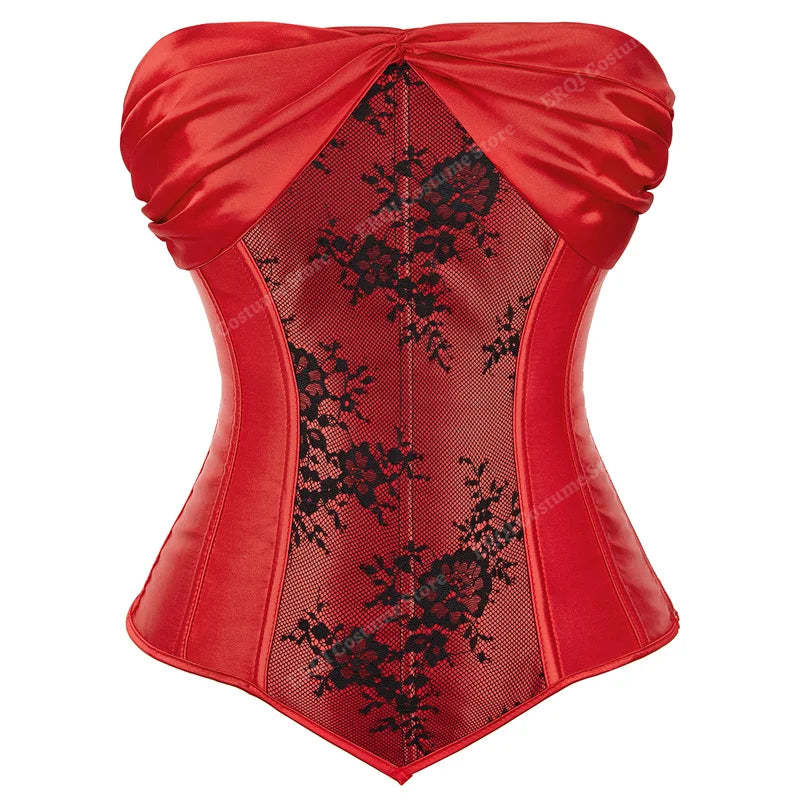 Dramatic Red and Black Lace Overbust Corset with Sweetheart Neckline and Front Busk