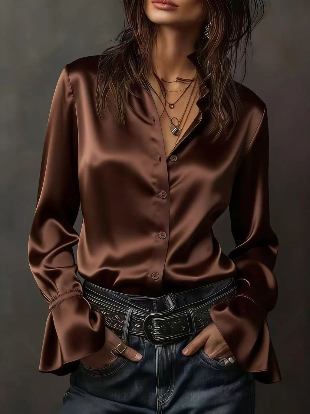 Lustrous V-Neck Satin-Finish Blouse with Dramatic Flared Bell Sleeves