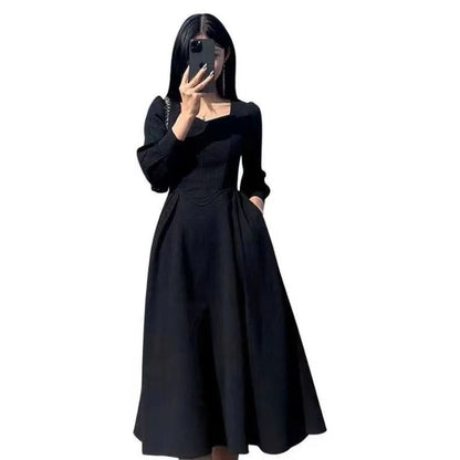 Dark Gothic A-Line Long Sleeve Alternative Fashion Midi Dress