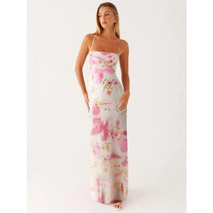 Floral Print Bodycon Maxi Dress with Square Neck and Tie Straps