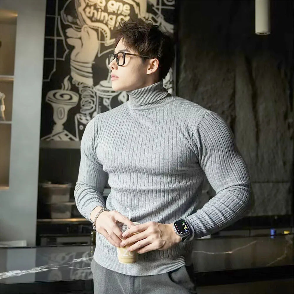 Men's Slim Fit Ribbed Turtleneck Contemporary Streetwear Knit Sweater