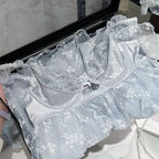 Icy Blue Sheer Floral Embroidered Babydoll Set with Ruffled Straps