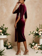 Burgundy Velvet-Finish Midi Pencil Dress with Split Petal Sleeves