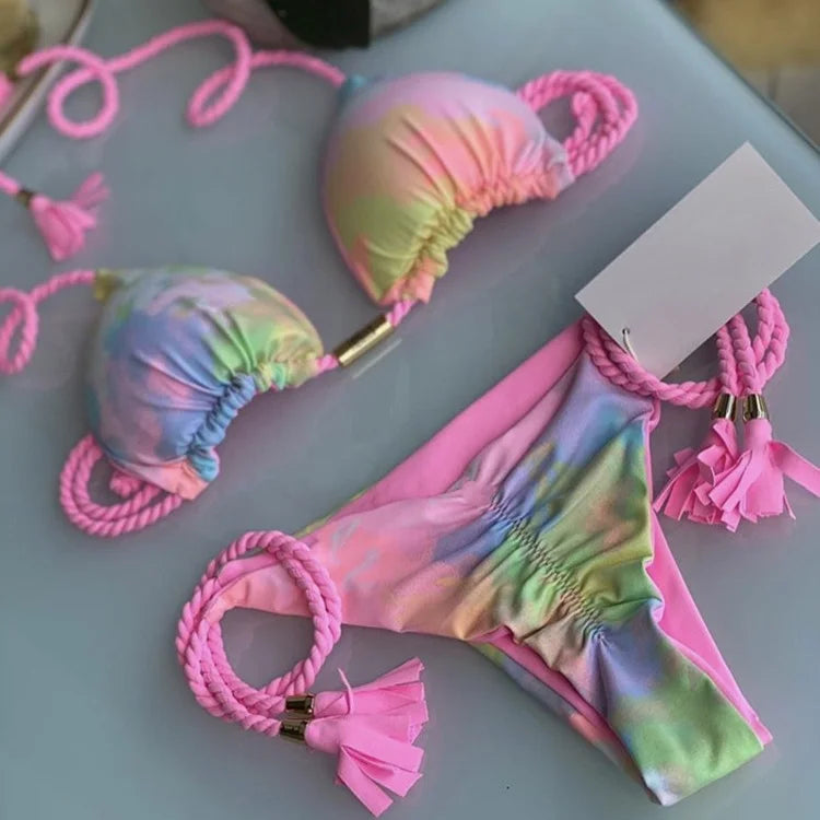 Soft Periwinkle Triangle Bikini Set with Two-Tone Twisted Rope and Tassel Details